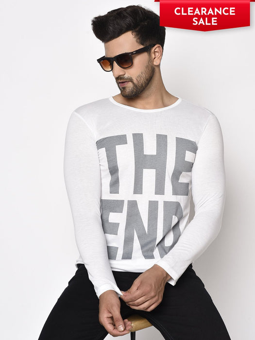 White THE END Printed Round Neck Full Sleeve T-Shirt