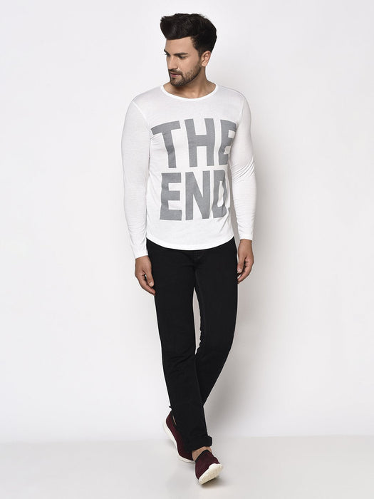 White THE END Printed Round Neck Full Sleeve T-Shirt