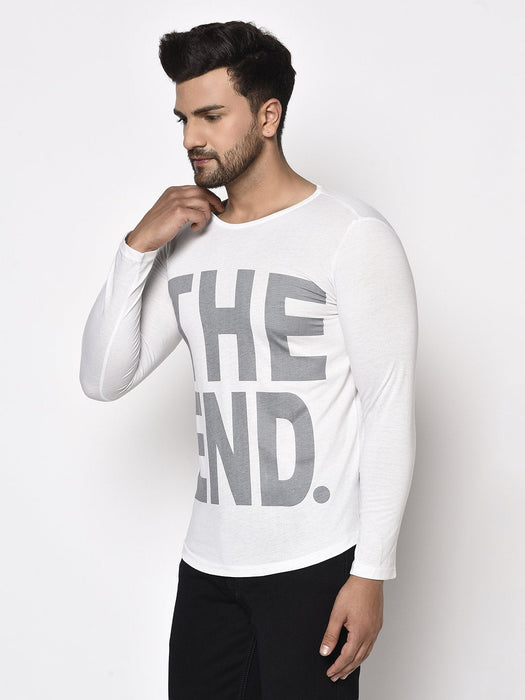 White THE END Printed Round Neck Full Sleeve T-Shirt