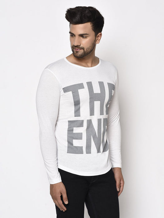 White THE END Printed Round Neck Full Sleeve T-Shirt