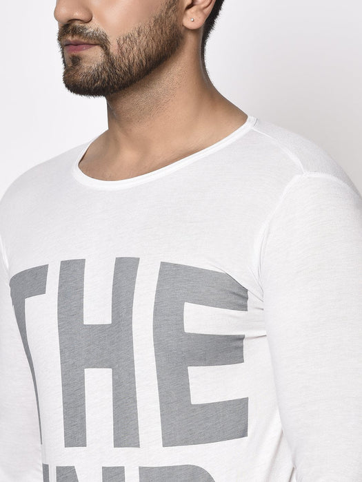 White THE END Printed Round Neck Full Sleeve T-Shirt