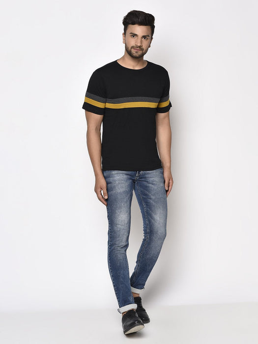 Black Contrast Patch Detail Round Neck Cotton Half Sleeve T-Shirt