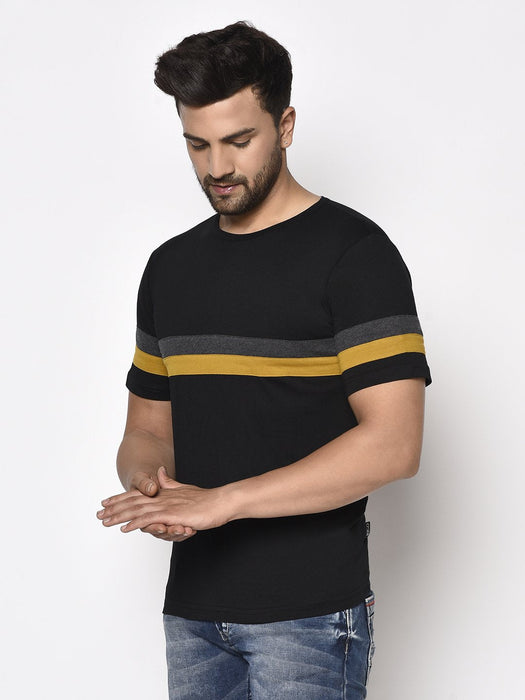 Black Contrast Patch Detail Round Neck Cotton Half Sleeve T-Shirt