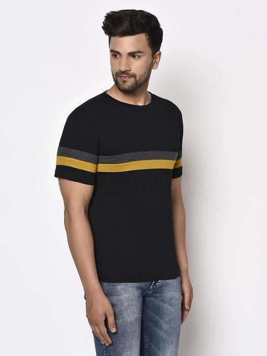 Black Contrast Patch Detail Round Neck Cotton Half Sleeve T-Shirt