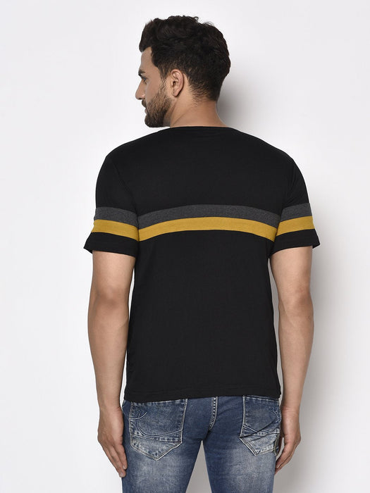 Black Contrast Patch Detail Round Neck Cotton Half Sleeve T-Shirt