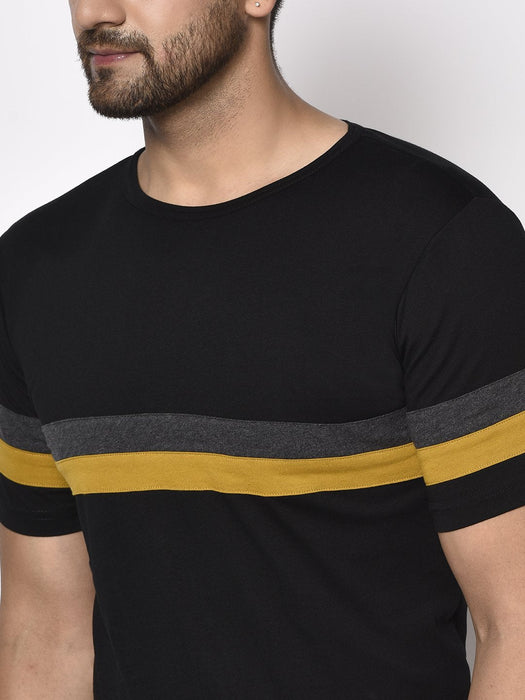 Black Contrast Patch Detail Round Neck Cotton Half Sleeve T-Shirt