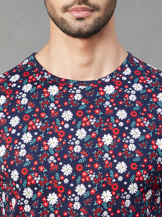 Navy Floral Print Round Neck Half Sleeve Cotton T-Shirt