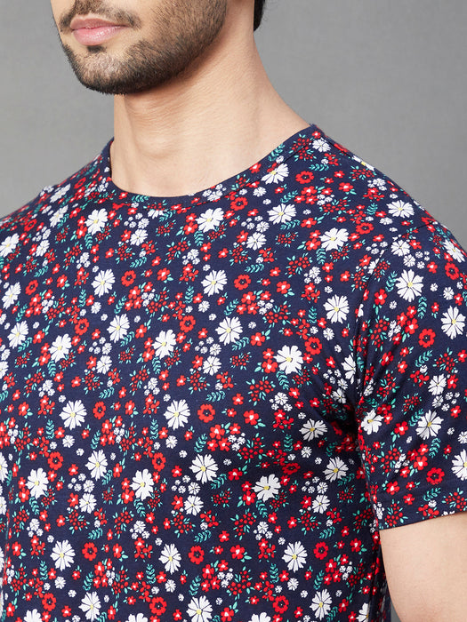 Navy Floral Print Round Neck Half Sleeve Cotton T-Shirt