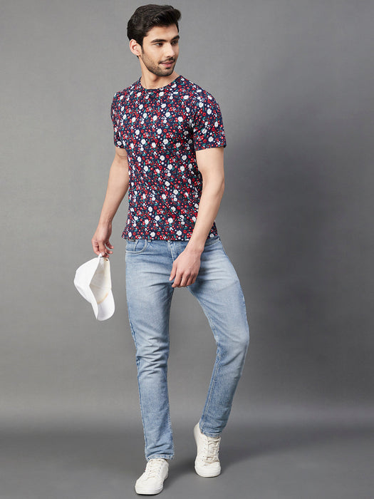 Navy Floral Print Round Neck Half Sleeve Cotton T-Shirt