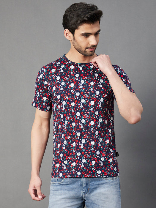 Navy Floral Print Round Neck Half Sleeve Cotton T-Shirt