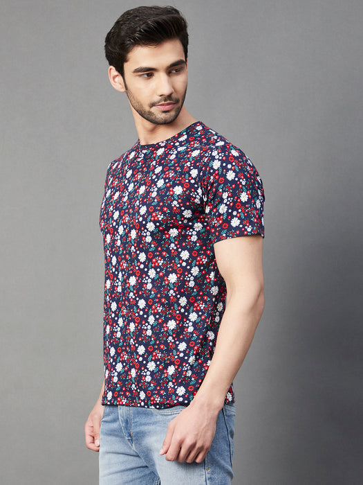 Navy Floral Print Round Neck Half Sleeve Cotton T-Shirt