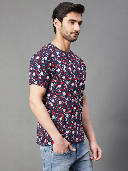 Navy Floral Print Round Neck Half Sleeve Cotton T-Shirt