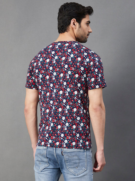 Navy Floral Print Round Neck Half Sleeve Cotton T-Shirt