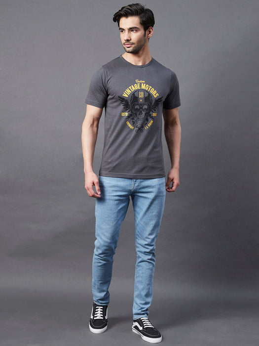 Dark Grey Placement Print Round Neck Half Sleeve T-Shirt