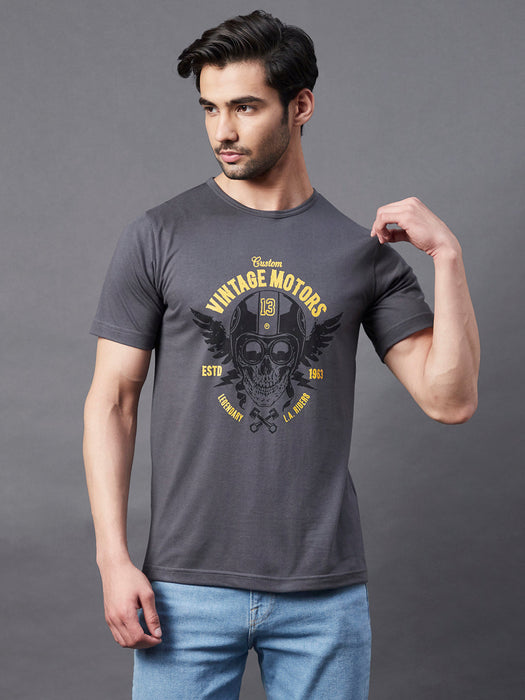 Dark Grey Placement Print Round Neck Half Sleeve T-Shirt