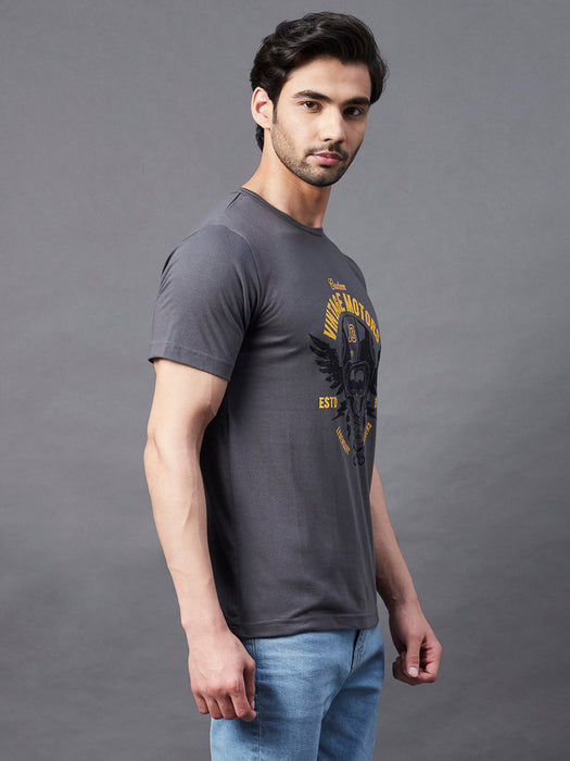 Dark Grey Placement Print Round Neck Half Sleeve T-Shirt