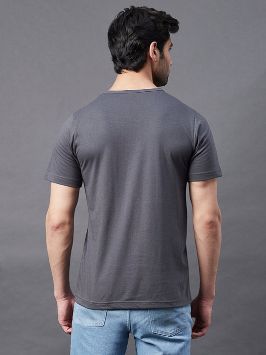 Dark Grey Placement Print Round Neck Half Sleeve T-Shirt