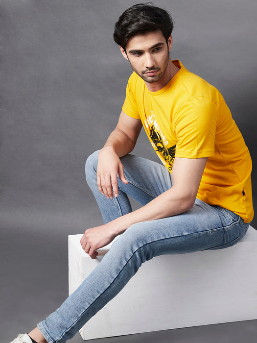 Yellow Placement Print Round Neck Half Sleeve T-Shirt