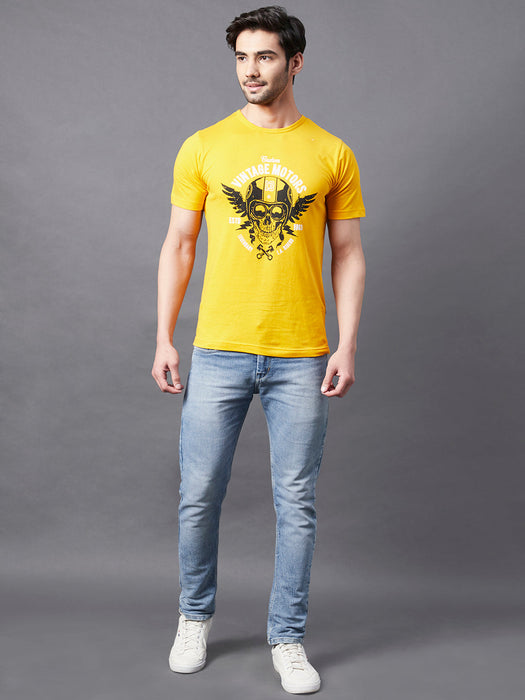 Yellow Placement Print Round Neck Half Sleeve T-Shirt