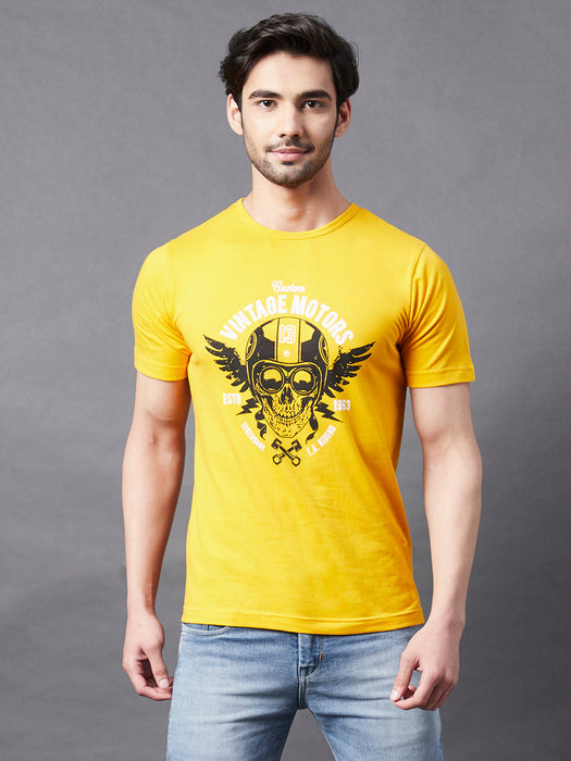 Yellow Placement Print Round Neck Half Sleeve T-Shirt