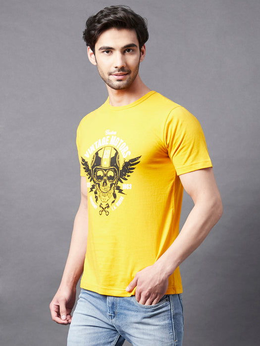 Yellow Placement Print Round Neck Half Sleeve T-Shirt