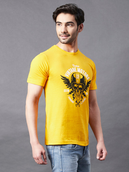 Yellow Placement Print Round Neck Half Sleeve T-Shirt