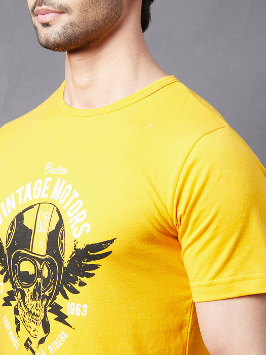 Yellow Placement Print Round Neck Half Sleeve T-Shirt