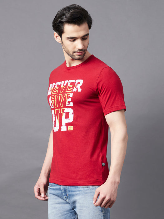 Maroon NEVER GIVE UP Print Round Neck Half Sleeve T-Shirt