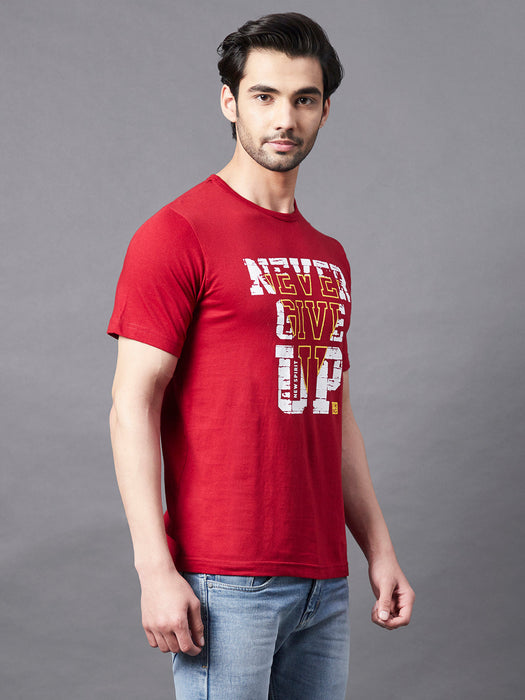 Maroon NEVER GIVE UP Print Round Neck Half Sleeve T-Shirt