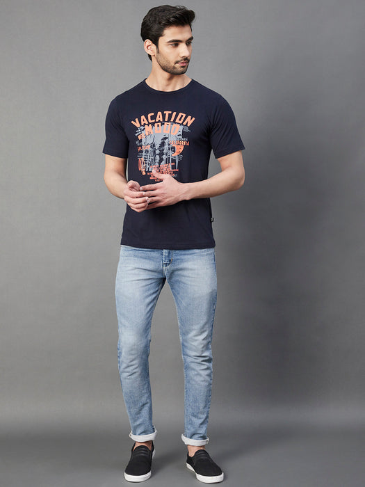 Navy Placement Print Round Neck Half Sleeve T-Shirt