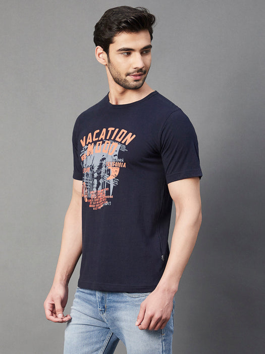 Navy Placement Print Round Neck Half Sleeve T-Shirt