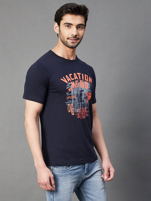 Navy Placement Print Round Neck Half Sleeve T-Shirt