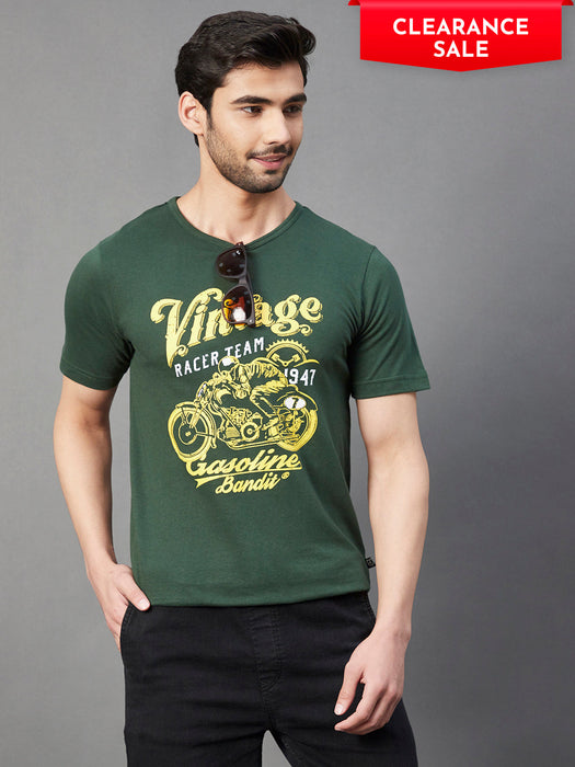 Bottle Green VINTAGE Print Round Neck Half Sleeve T-Shirt