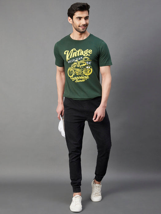 Bottle Green VINTAGE Print Round Neck Half Sleeve T-Shirt