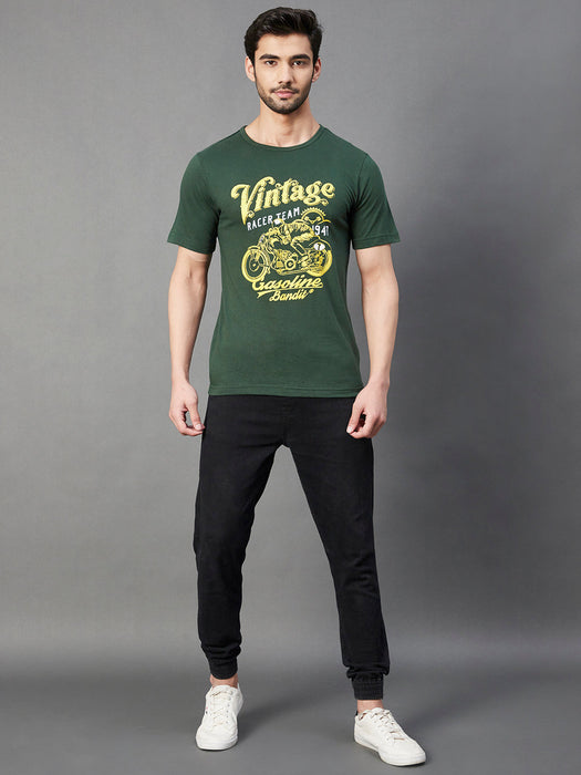 Bottle Green VINTAGE Print Round Neck Half Sleeve T-Shirt