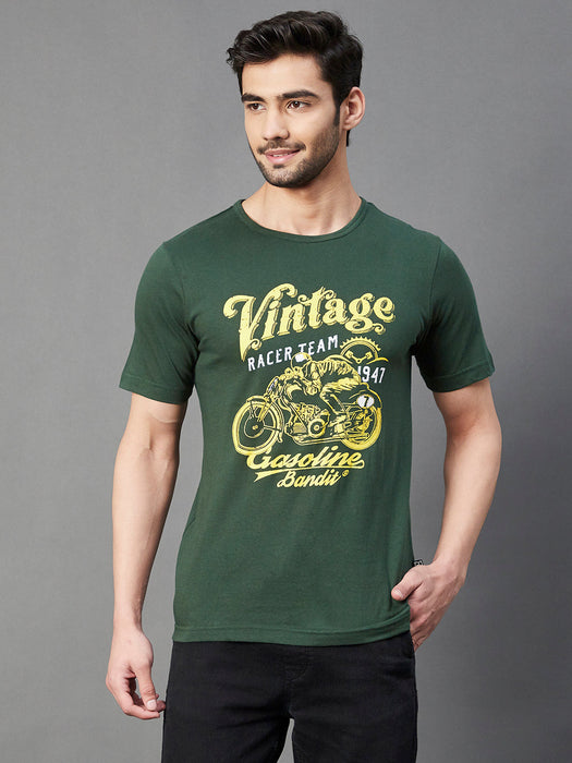 Bottle Green VINTAGE Print Round Neck Half Sleeve T-Shirt