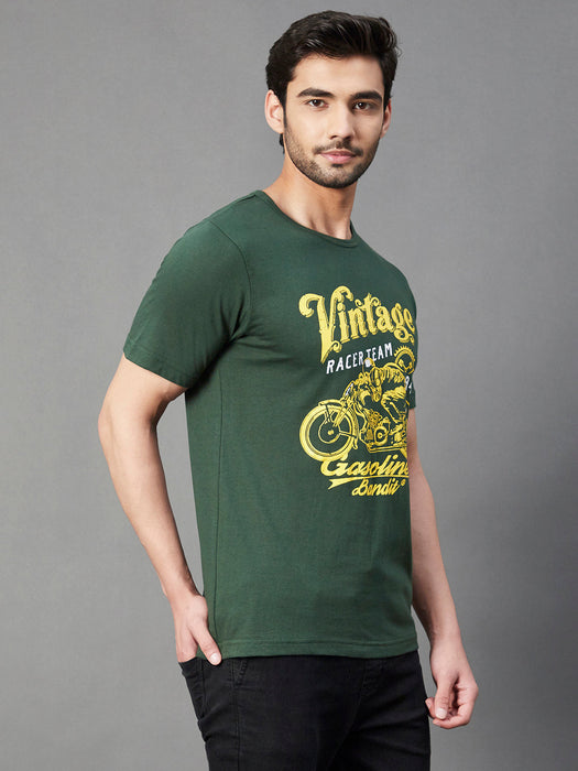 Bottle Green VINTAGE Print Round Neck Half Sleeve T-Shirt