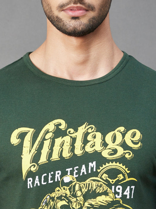 Bottle Green VINTAGE Print Round Neck Half Sleeve T-Shirt