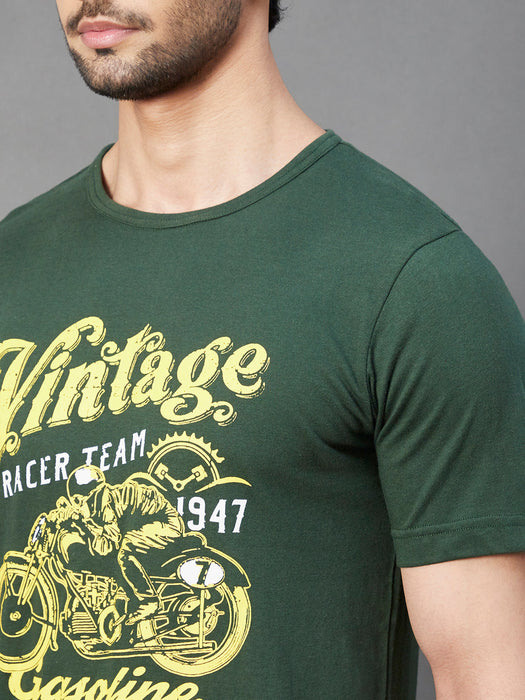 Bottle Green VINTAGE Print Round Neck Half Sleeve T-Shirt