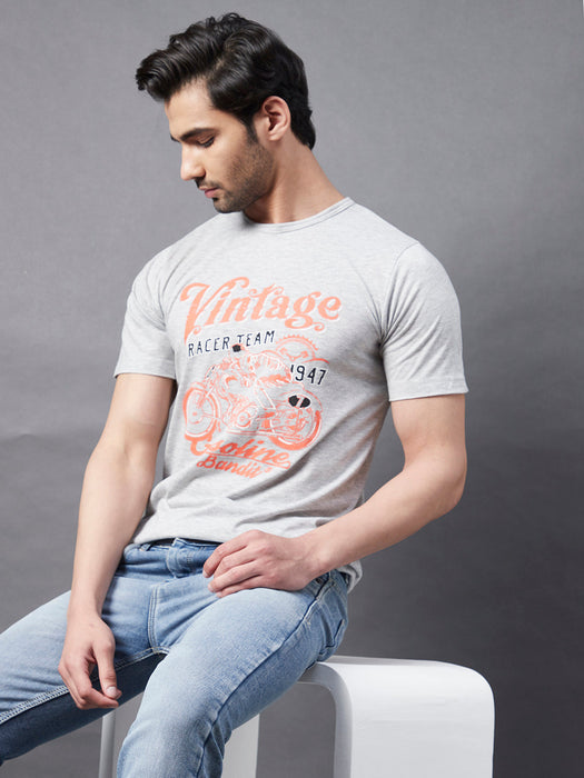 Grey VINTAGE Print Round Neck Half Sleeve T-Shirt