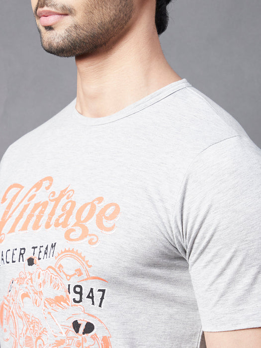 Grey VINTAGE Print Round Neck Half Sleeve T-Shirt