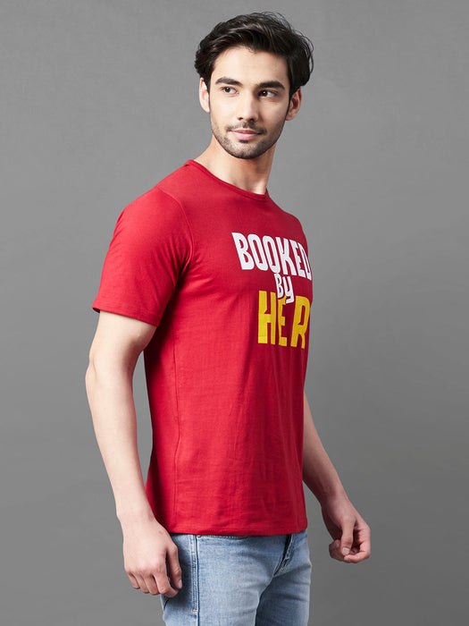 Maroon Typo Print Round Neck Half Sleeve T-Shirt