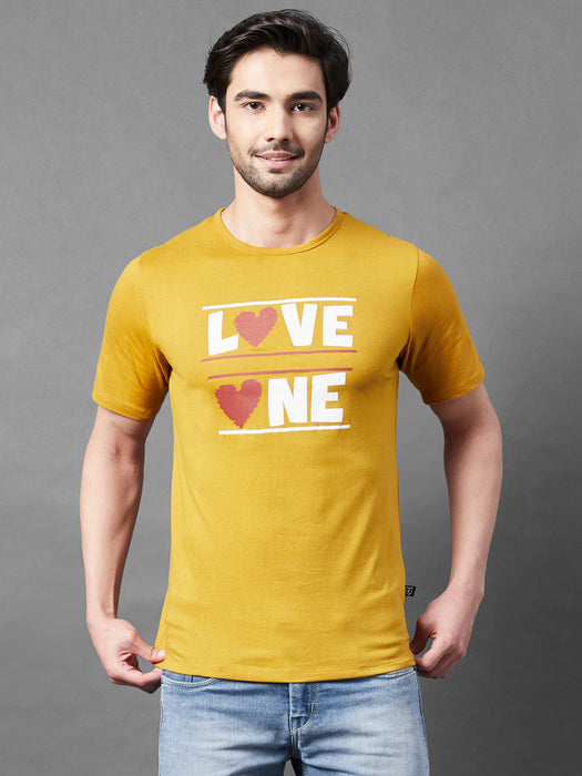 Mustard Typo Print Round Neck Half Sleeve T-Shirt