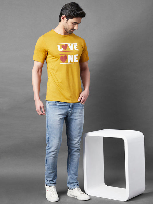 Mustard Typo Print Round Neck Half Sleeve T-Shirt