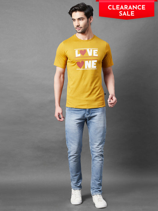 Mustard Typo Print Round Neck Half Sleeve T-Shirt