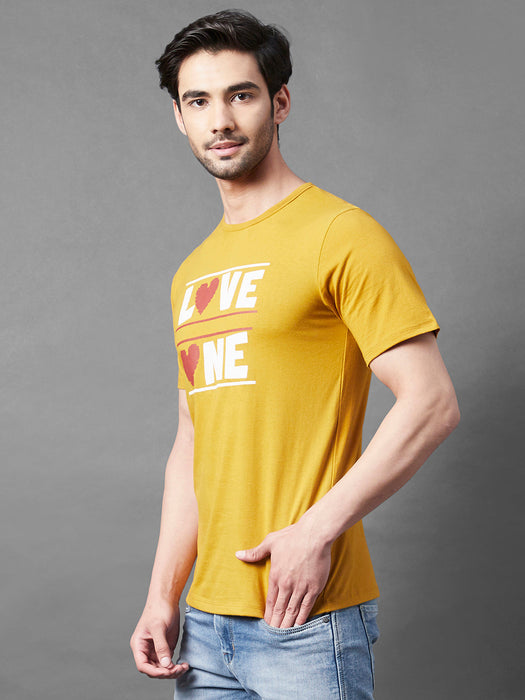 Mustard Typo Print Round Neck Half Sleeve T-Shirt