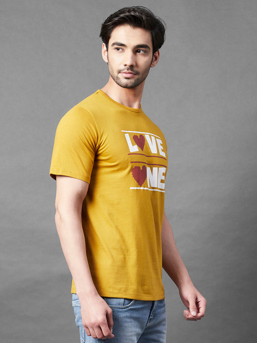 Mustard Typo Print Round Neck Half Sleeve T-Shirt