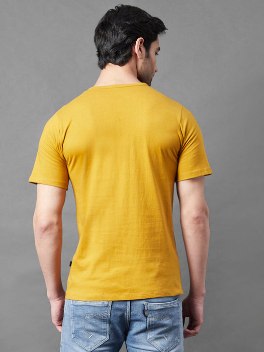 Mustard Typo Print Round Neck Half Sleeve T-Shirt