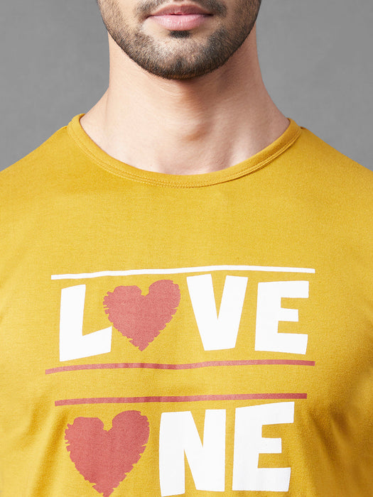 Mustard Typo Print Round Neck Half Sleeve T-Shirt