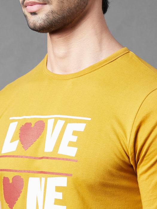 Mustard Typo Print Round Neck Half Sleeve T-Shirt